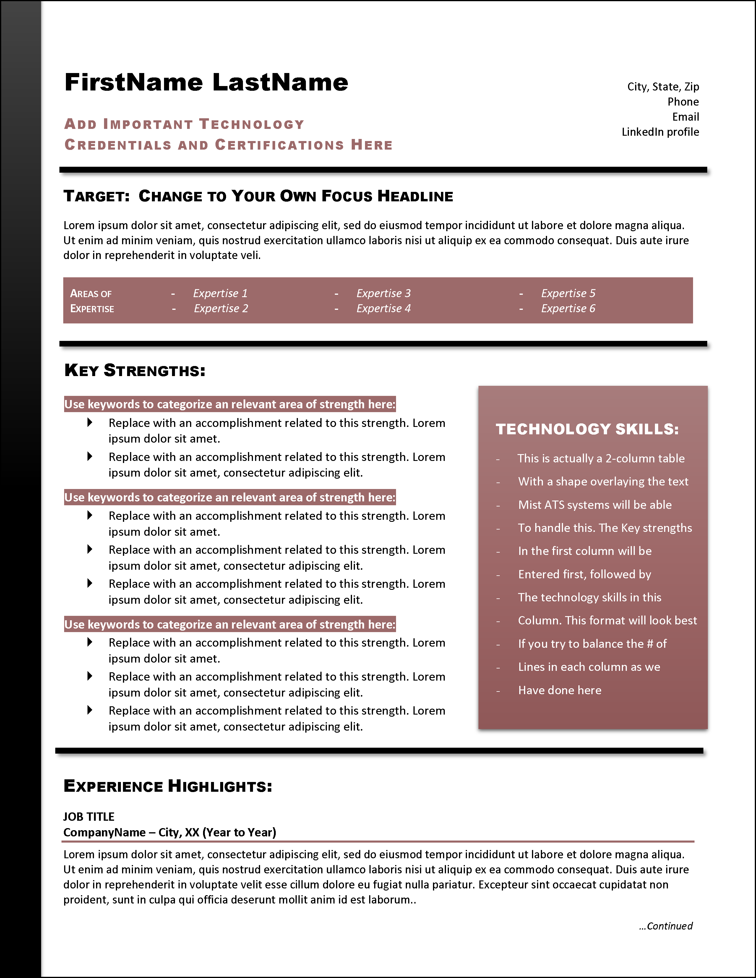 Technical Resume Template Page 1