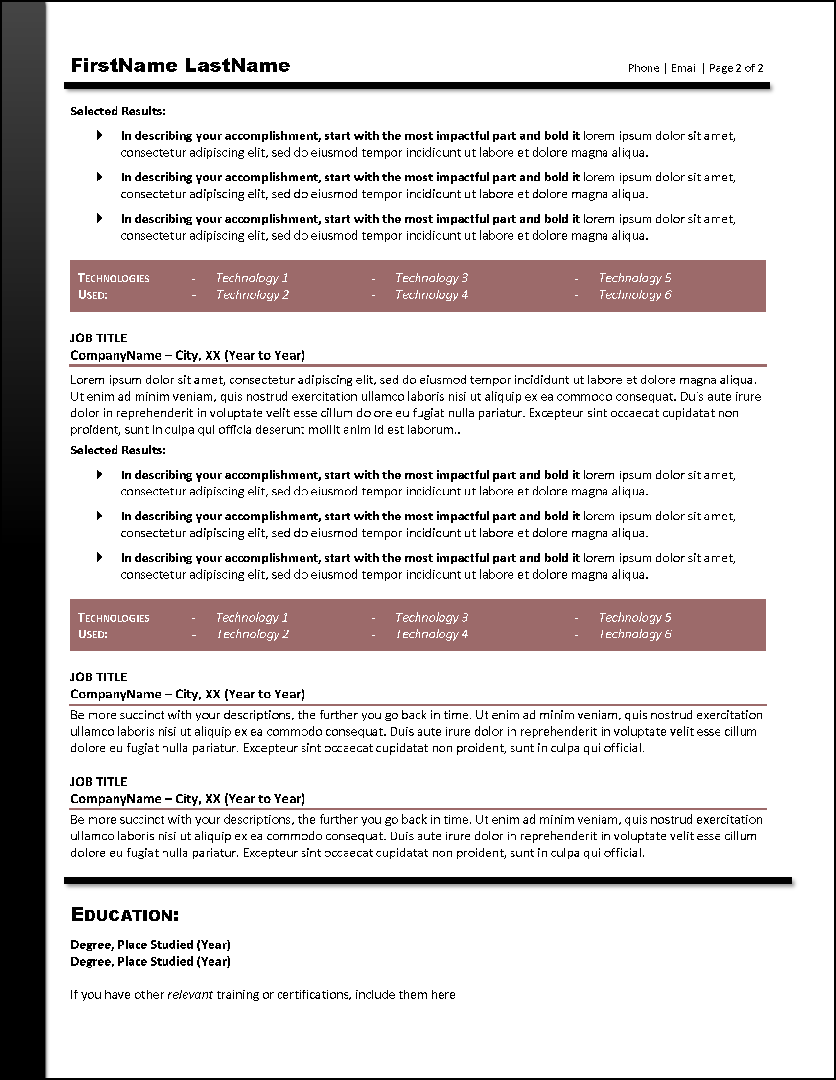 Technical Resume Template Page 2