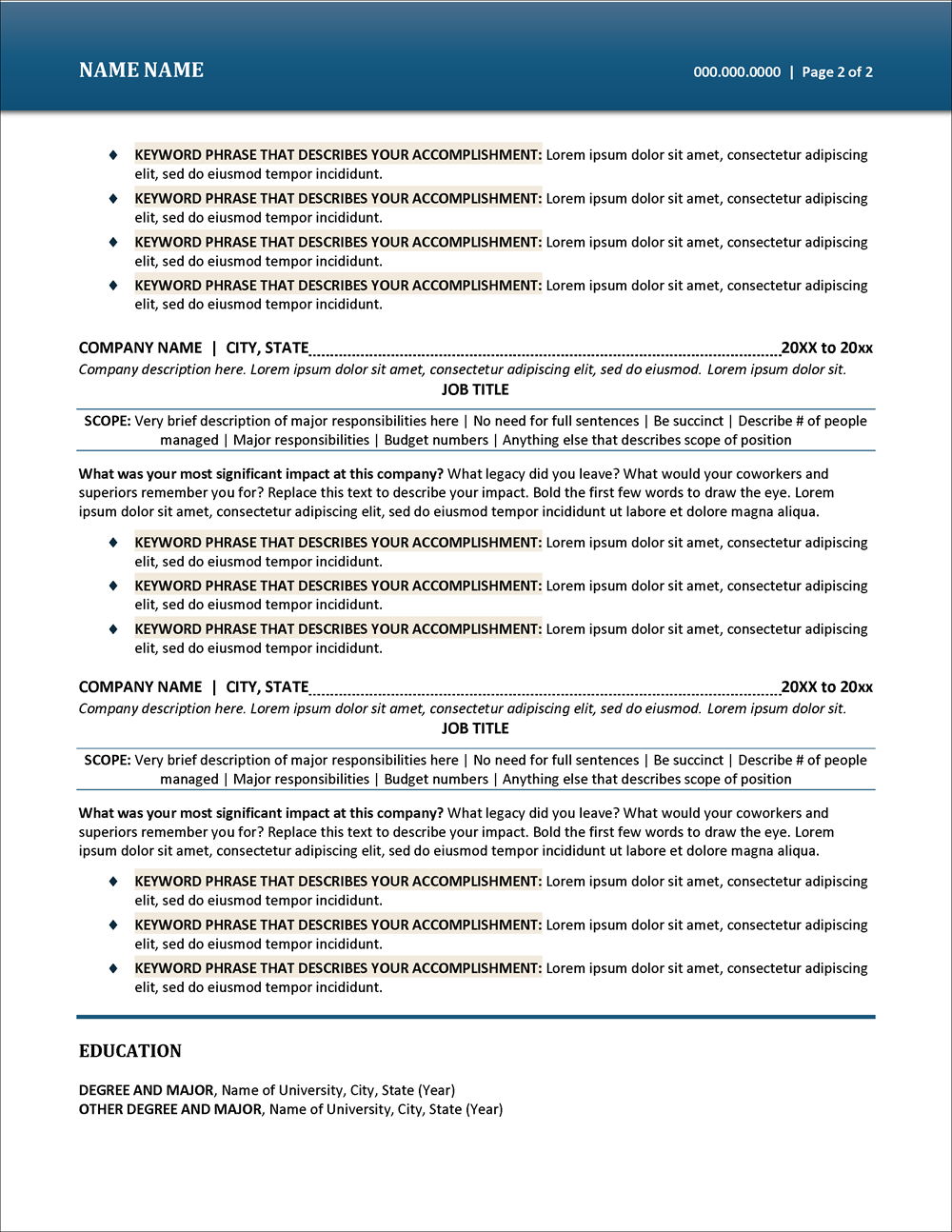 Executive Resume Template Page 2