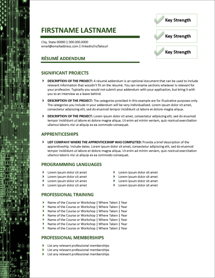 Resume Addendum Template for IT and Computer Professions