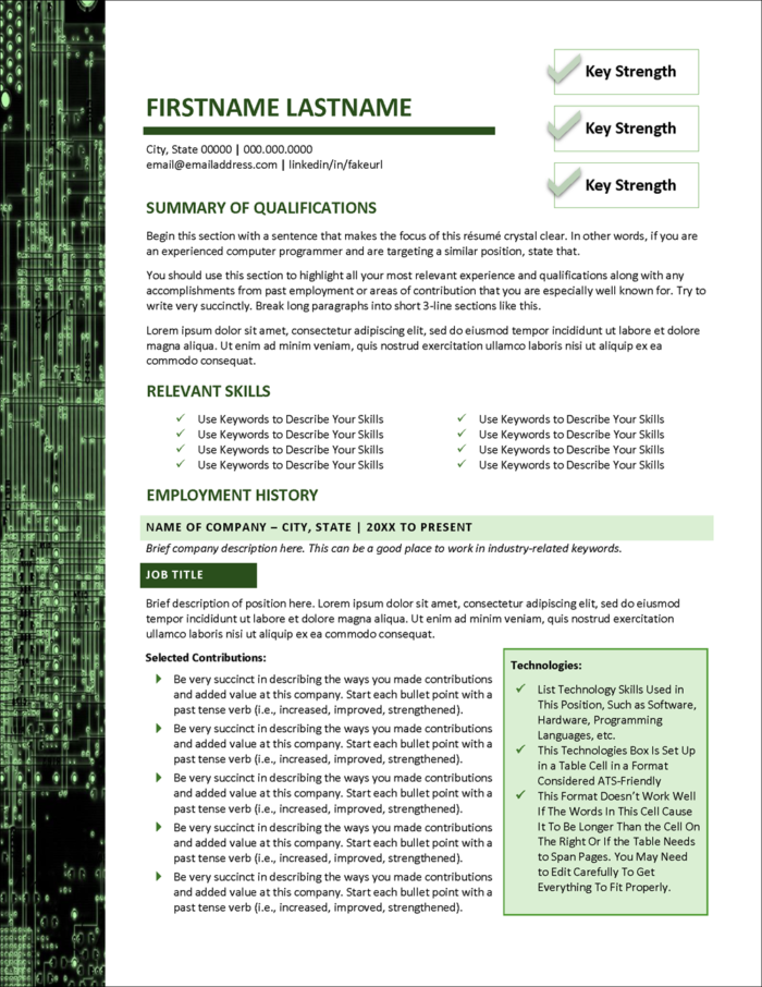 Resume Template for IT and Computer Professions Page 1