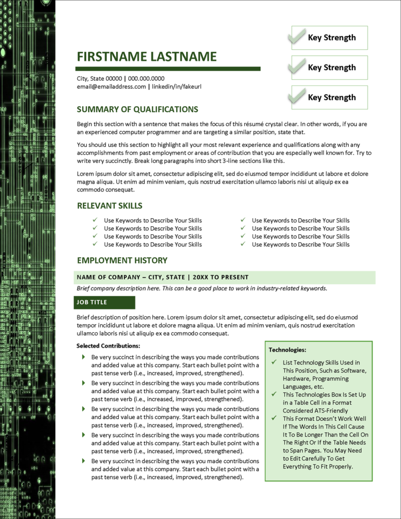 Technical Resume Templates for Microsoft Word