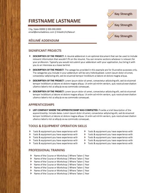 Resume Addendum Template for Construction