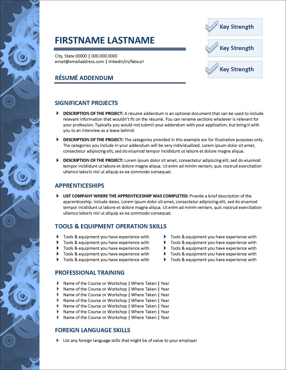 Resume Addendum Template for Manufacturing
