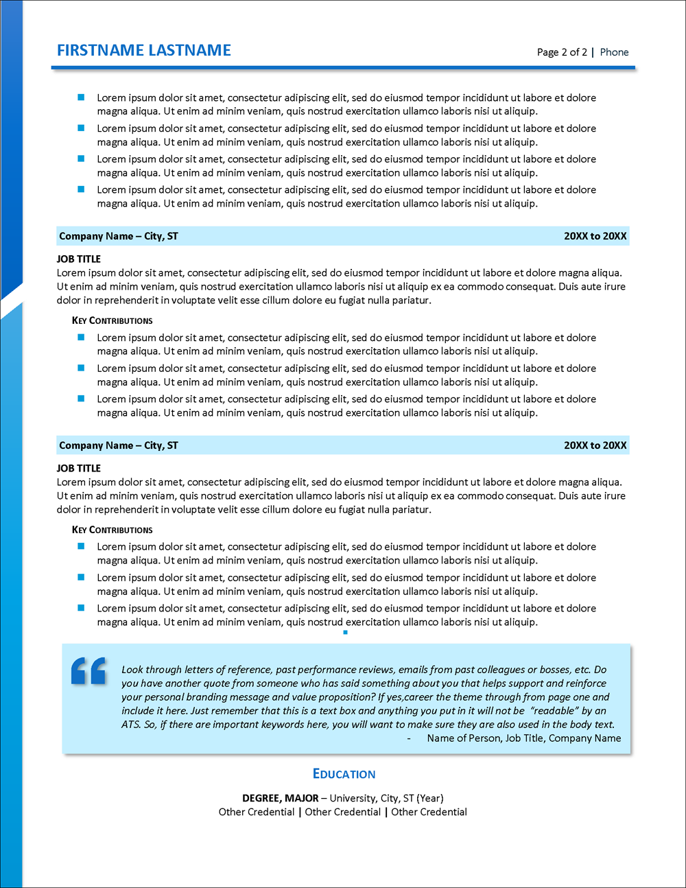 New Horizons Resume Template Page 2