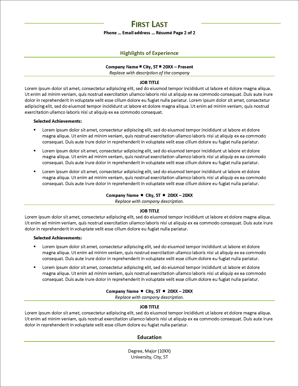 Career Change Resume Page Template Page 2