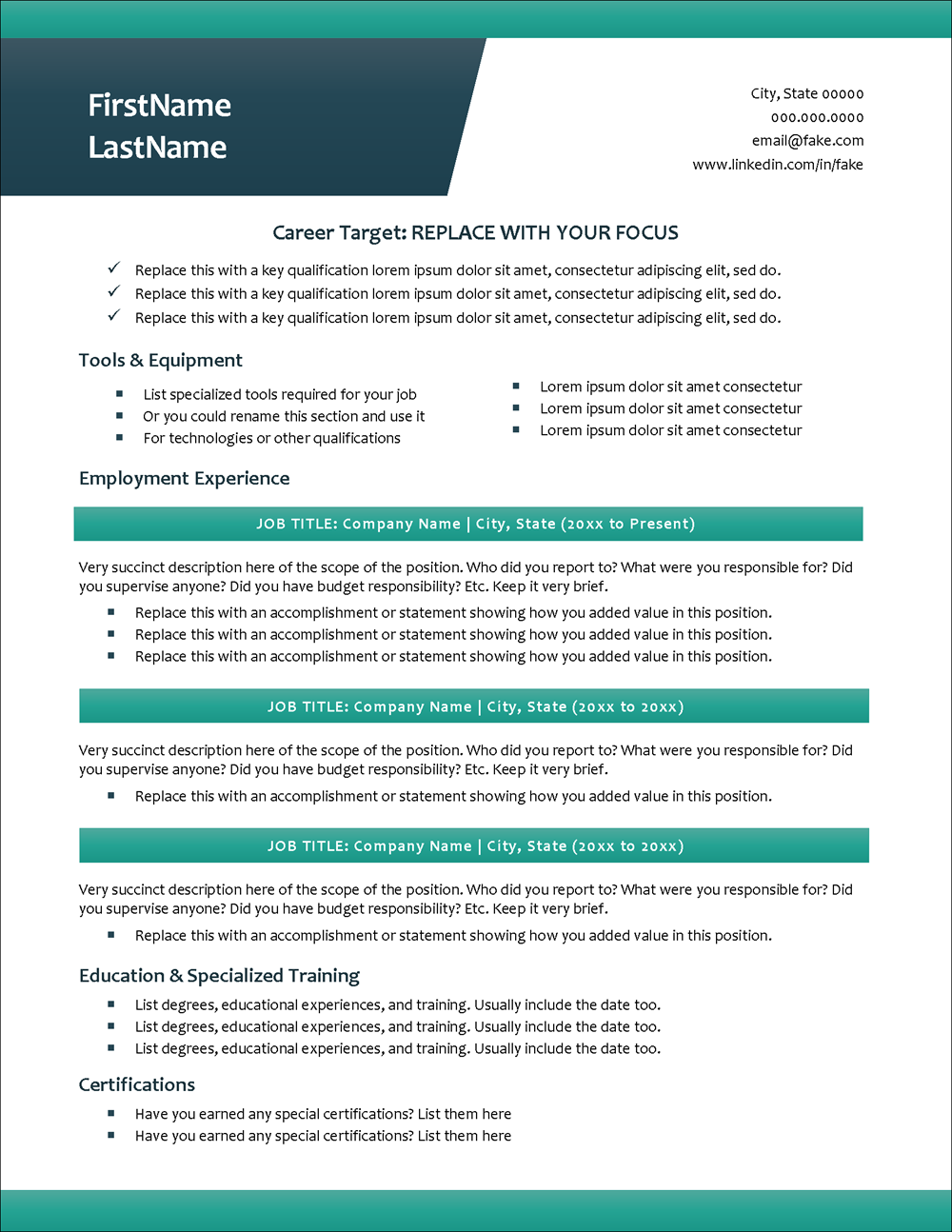 Resume Template for Tradespeople