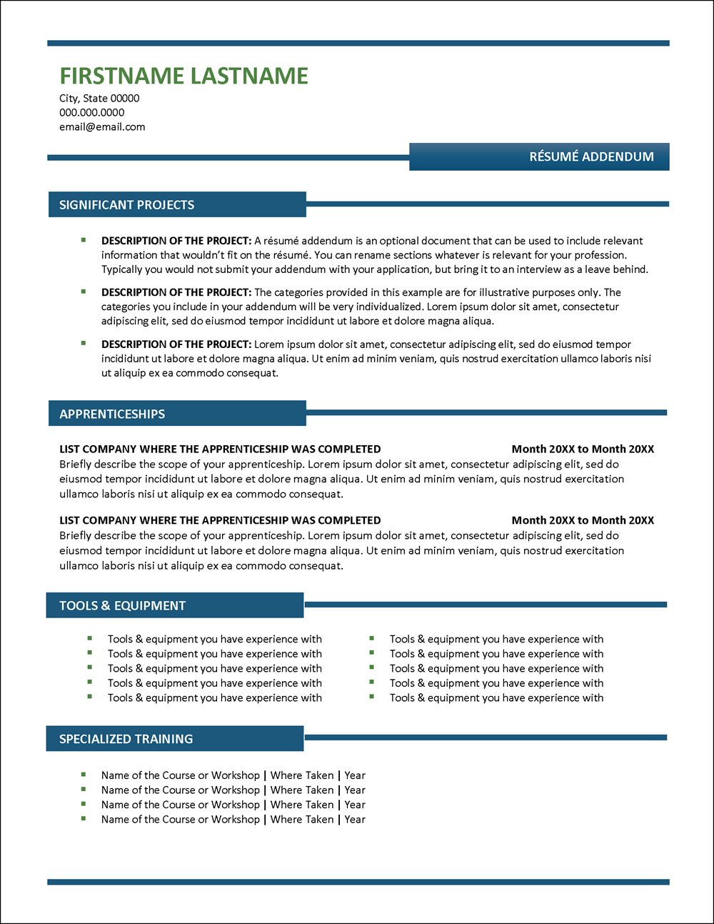 Blue Collar Resume Addendum Template