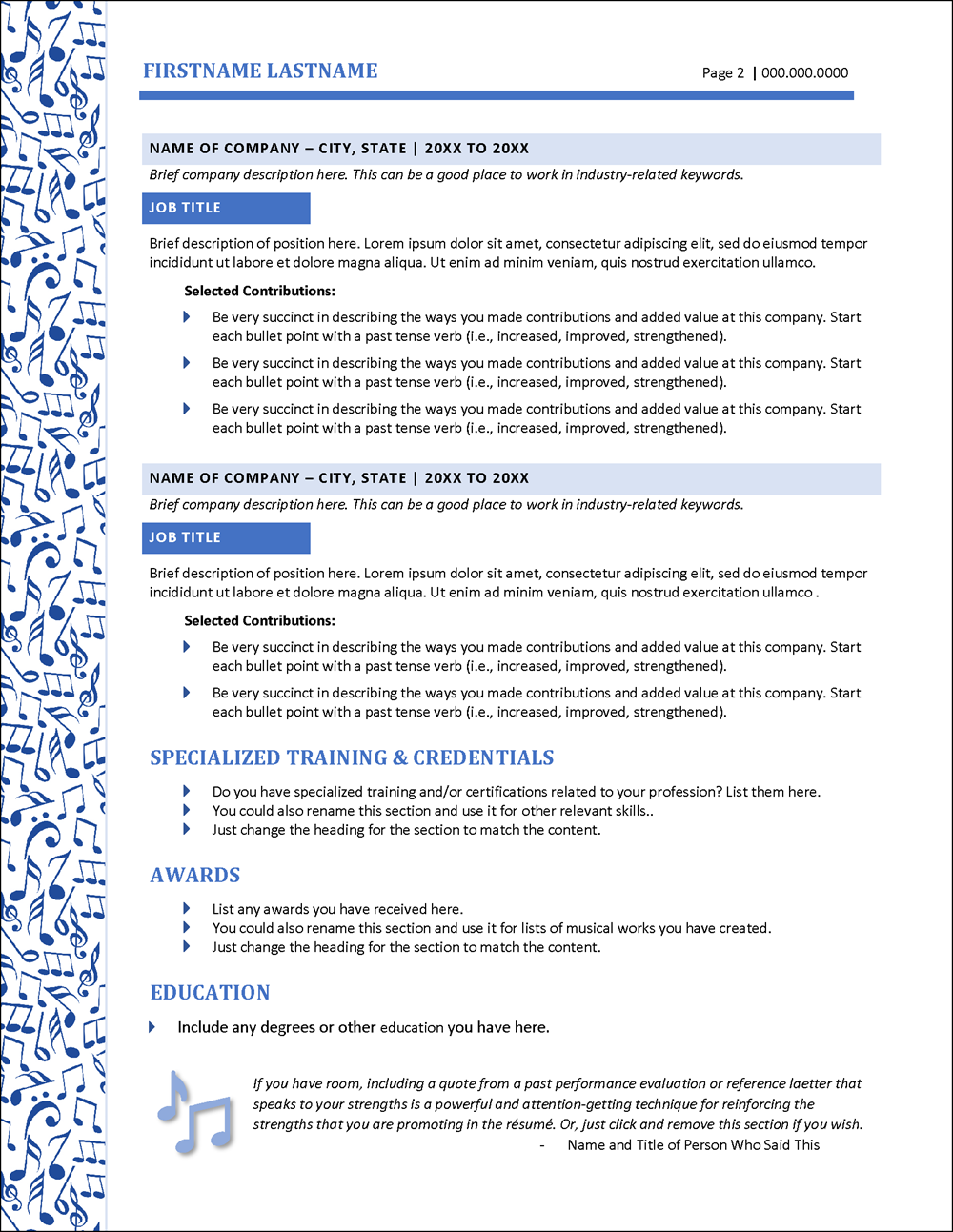 Musician Resume Template Page 2