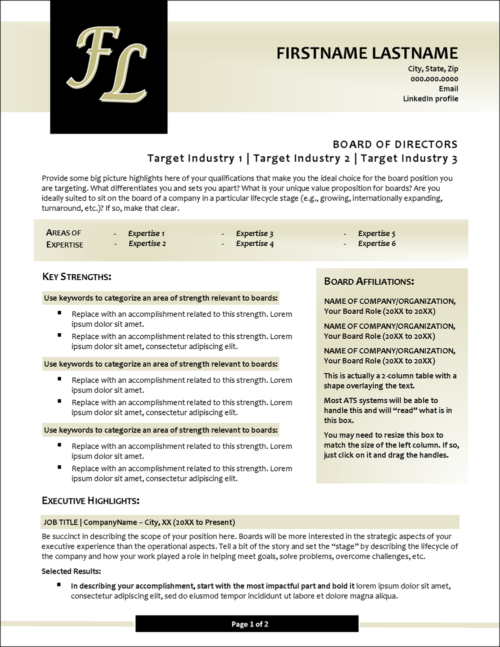 Board Director Resume Template Page 1