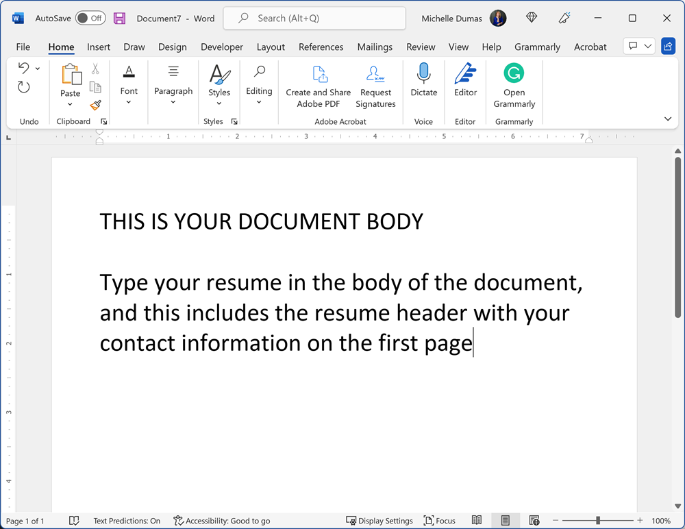 Body of a resume document - this is where the primary resume header goes