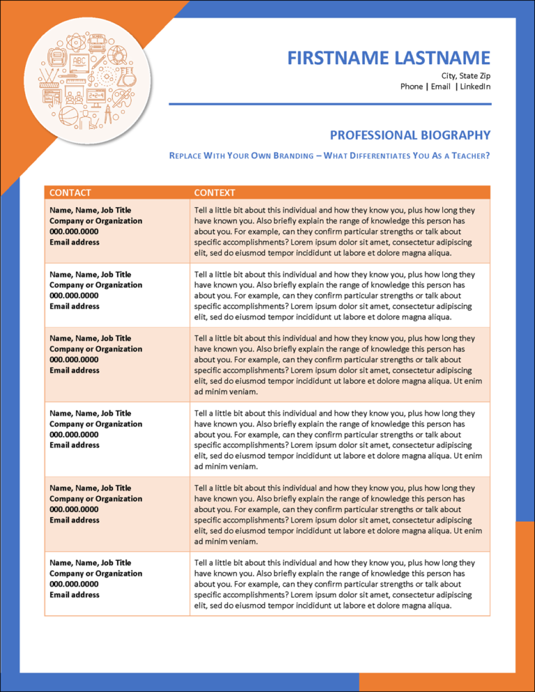 Teacher Resume Addendum Biography References Letter Templates