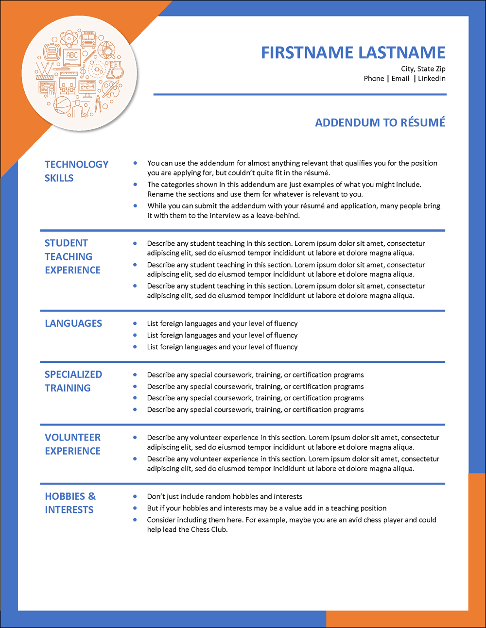 Teacher Resume Addendum Template