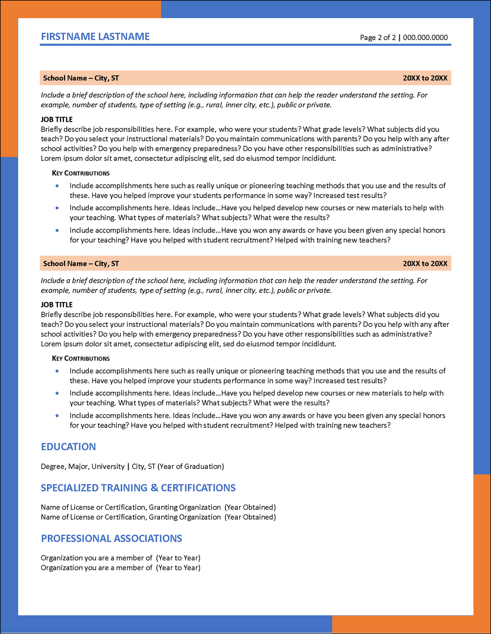 Teacher Resume Template Page 2