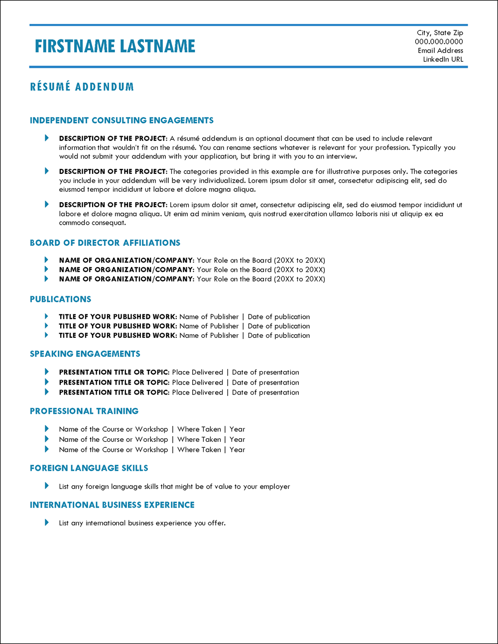 Chronological Perfection Resume Addendum Template