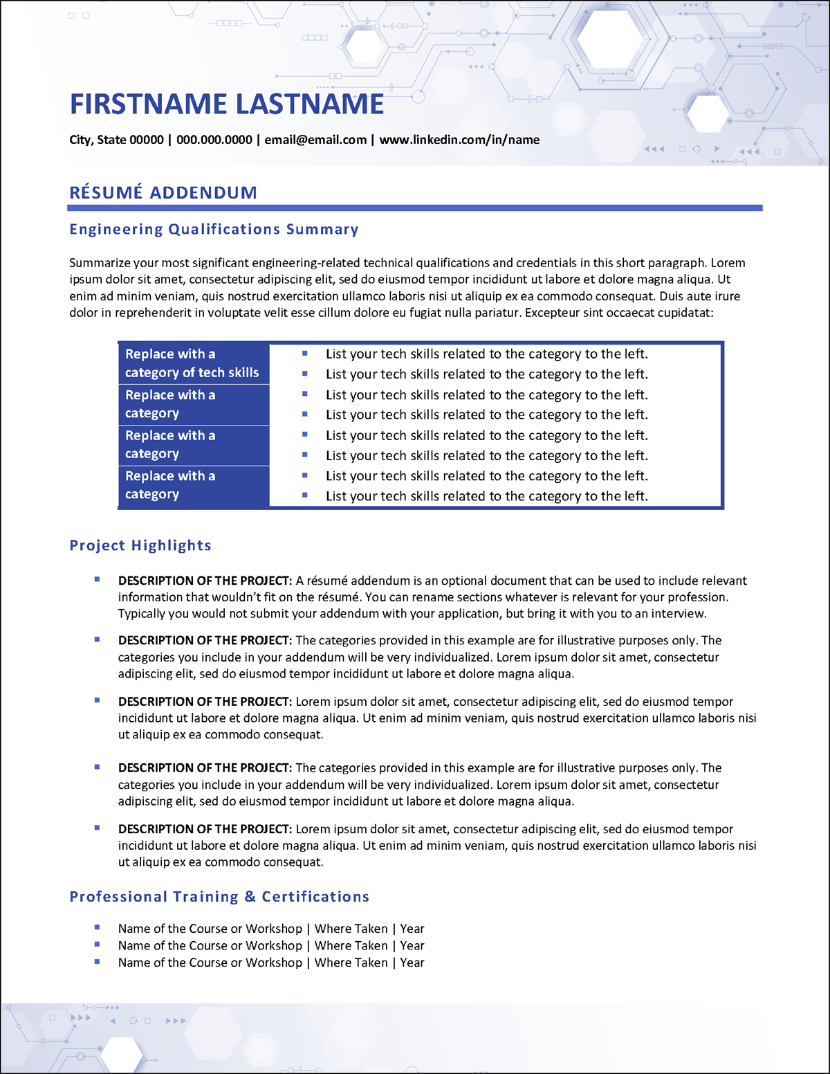 Engineering Resume Addendum Template