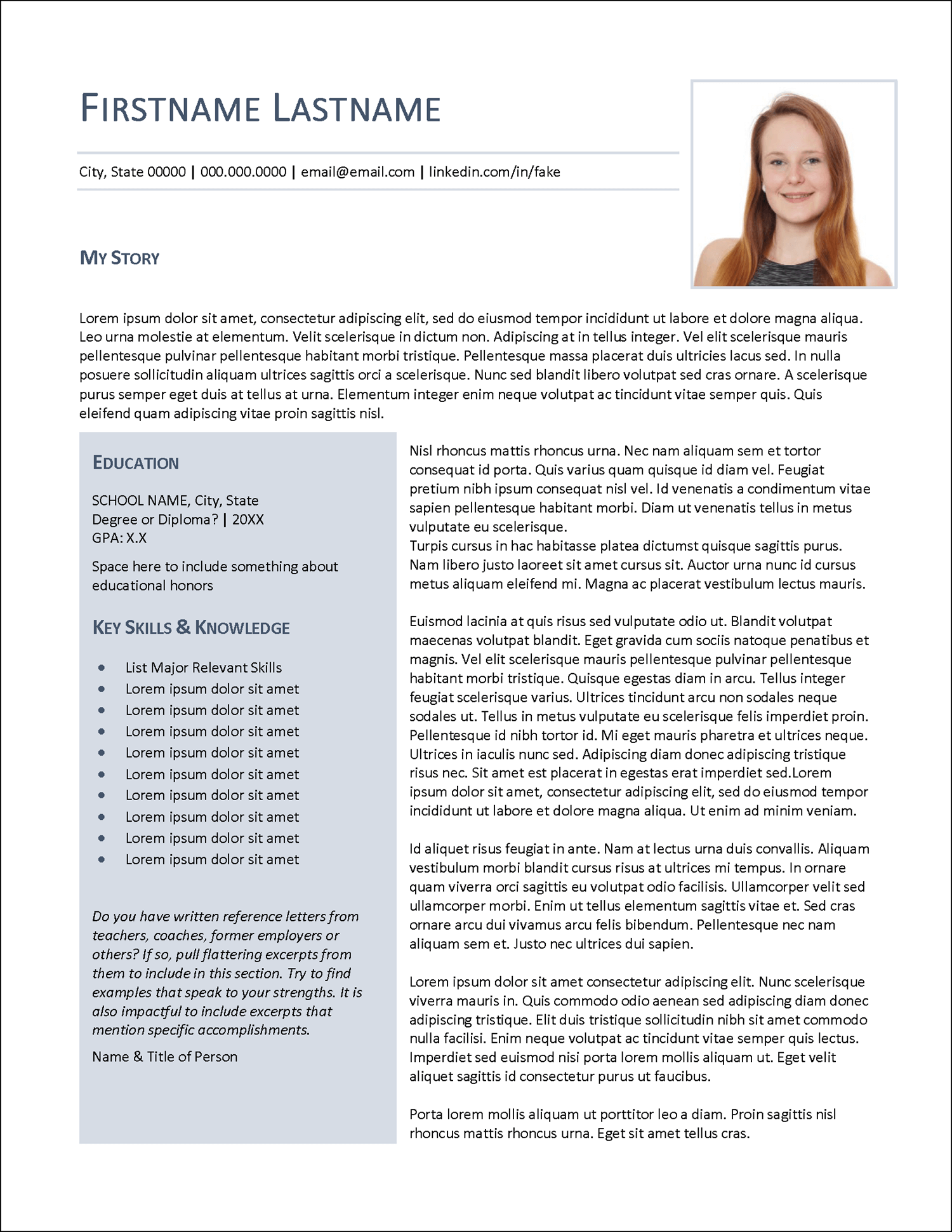 College Admissions Biography Template
