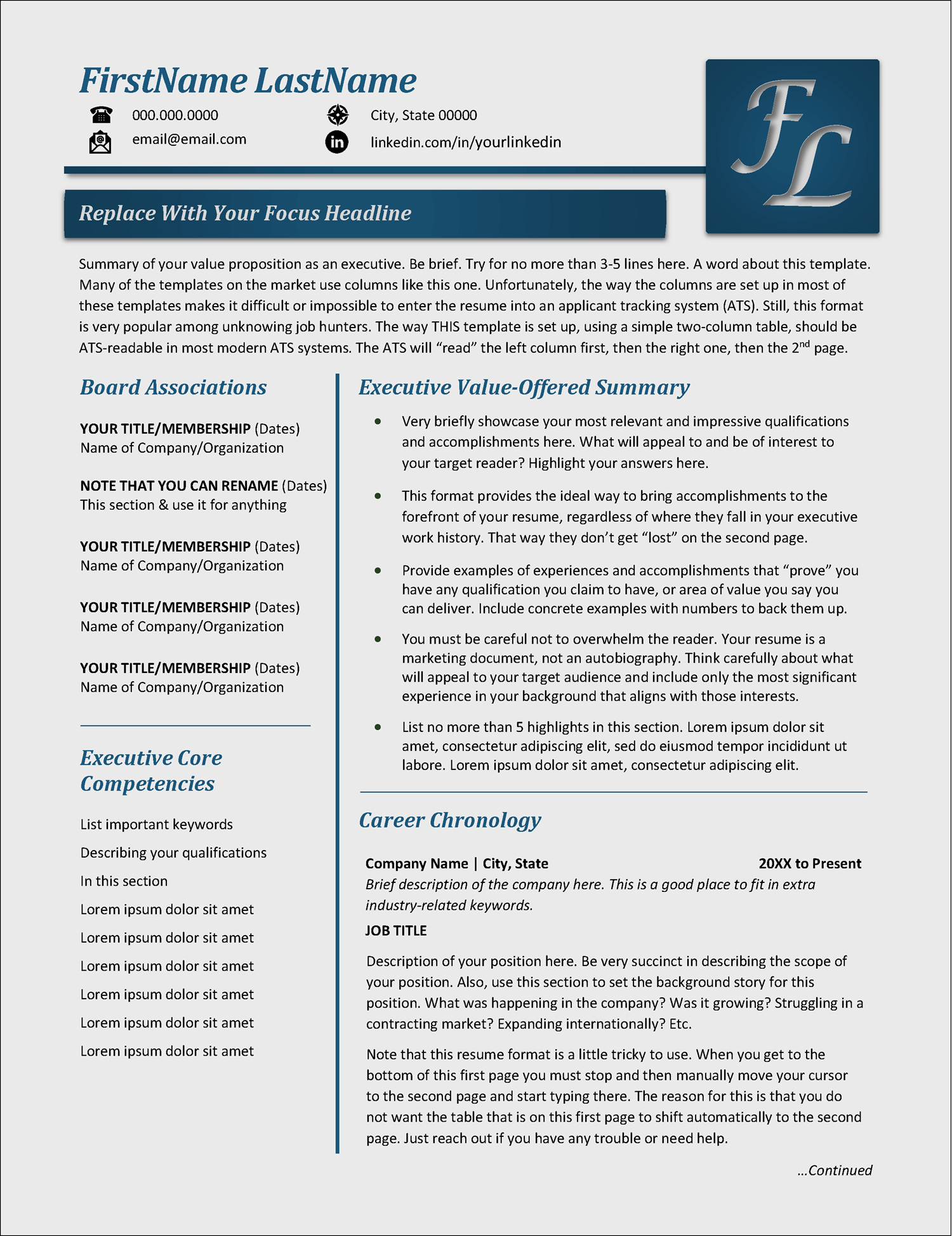 Resume Template for Senior Executives Page 1