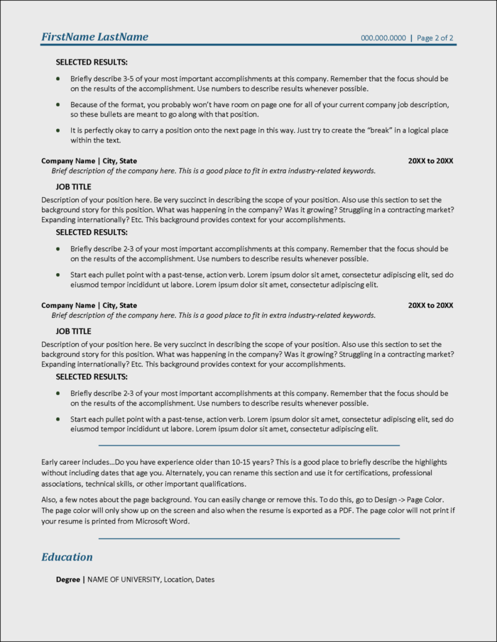 Resume Template for Senior Executives Page 2