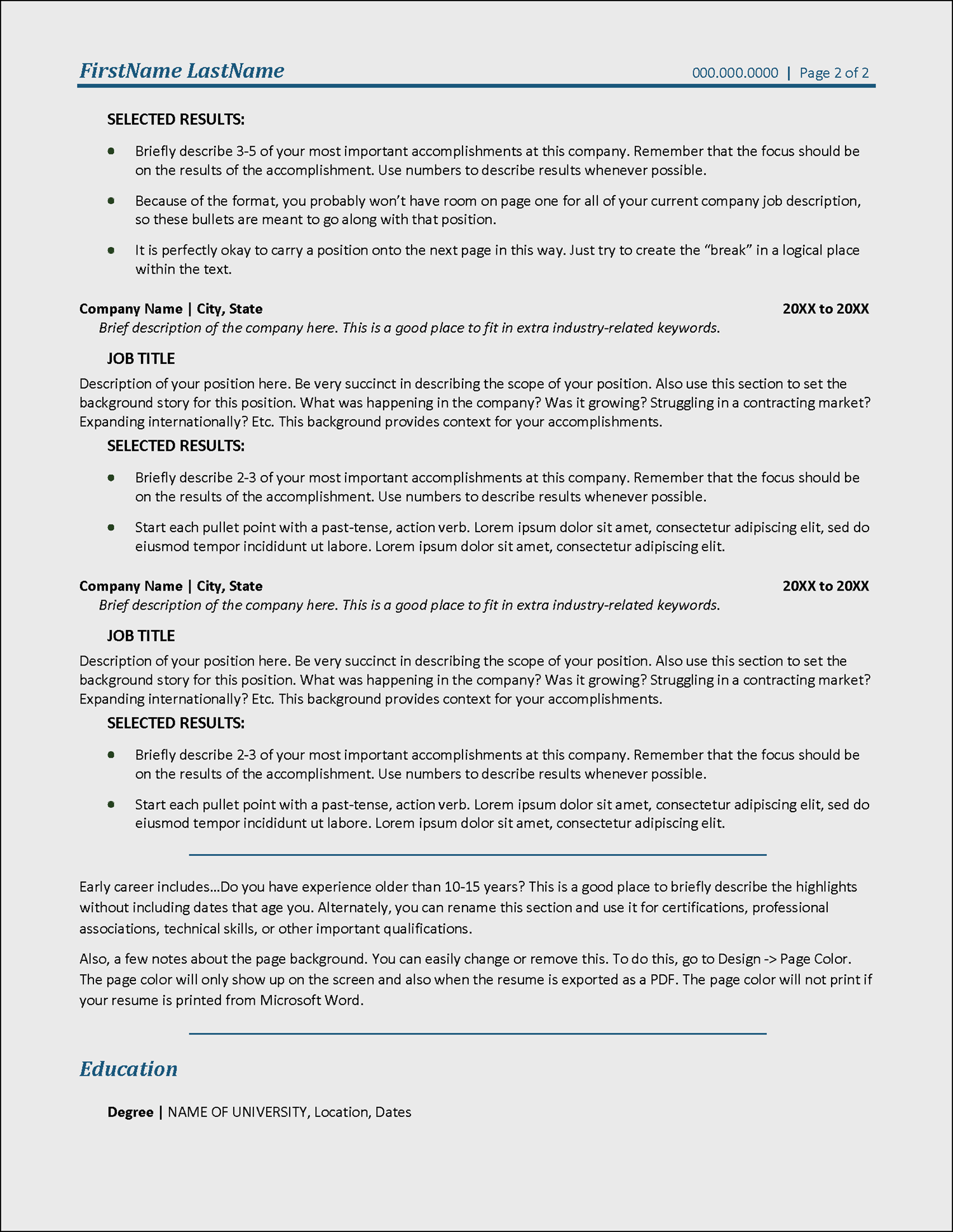 Resume Template for Senior Executives Page 2