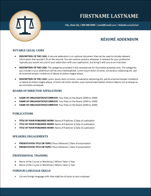 Legal Resume Addendum Template