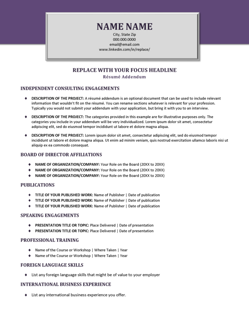 Downloadable C Suite Resume Template - Executive Rule Addendum Template 800x1035 