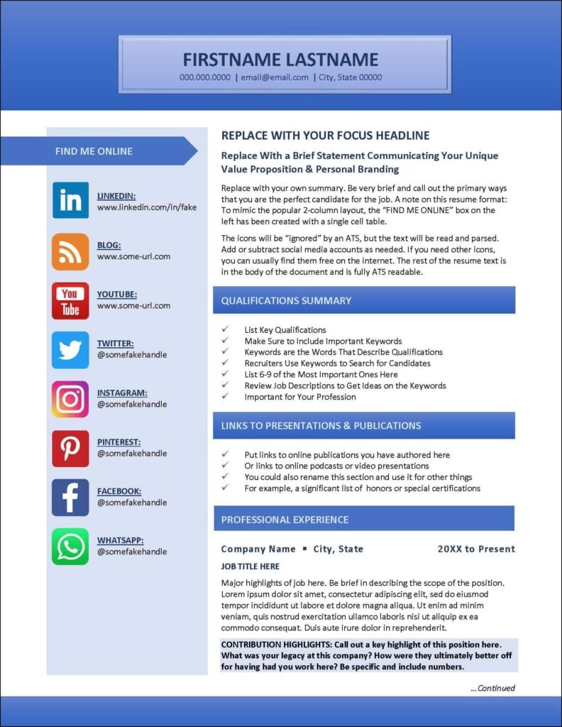 MS Word Template for Social Media - Social Links Resume Page 1 792x1024 