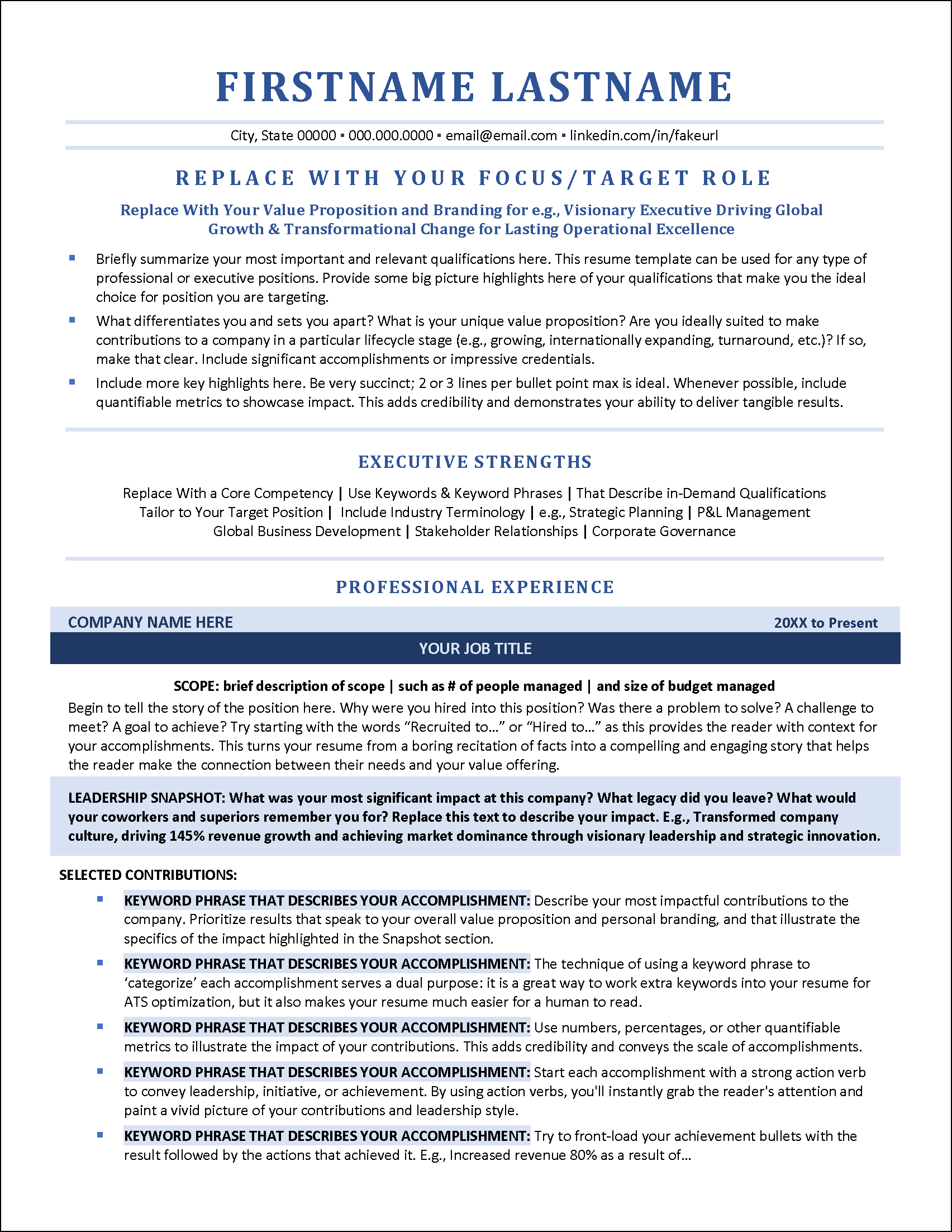 Traditional Ventures Executive Resume Page 1