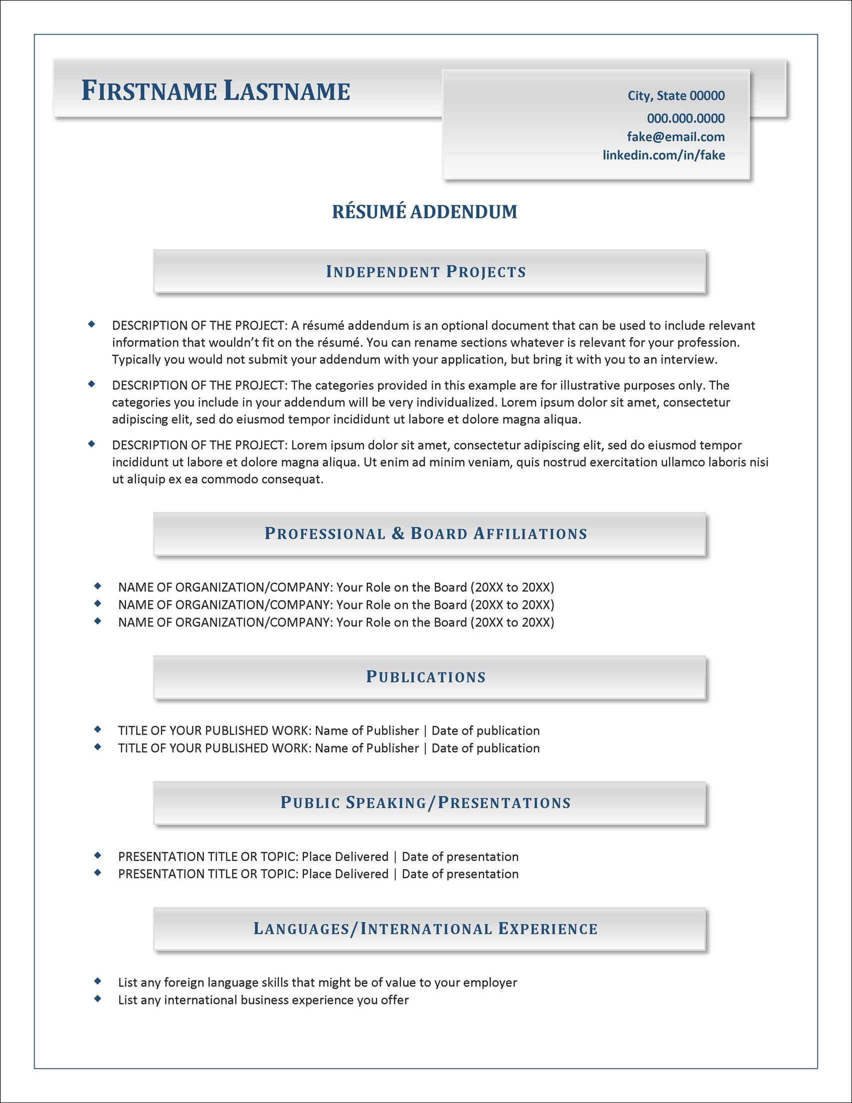 Sophisticated Resume Addendum Template