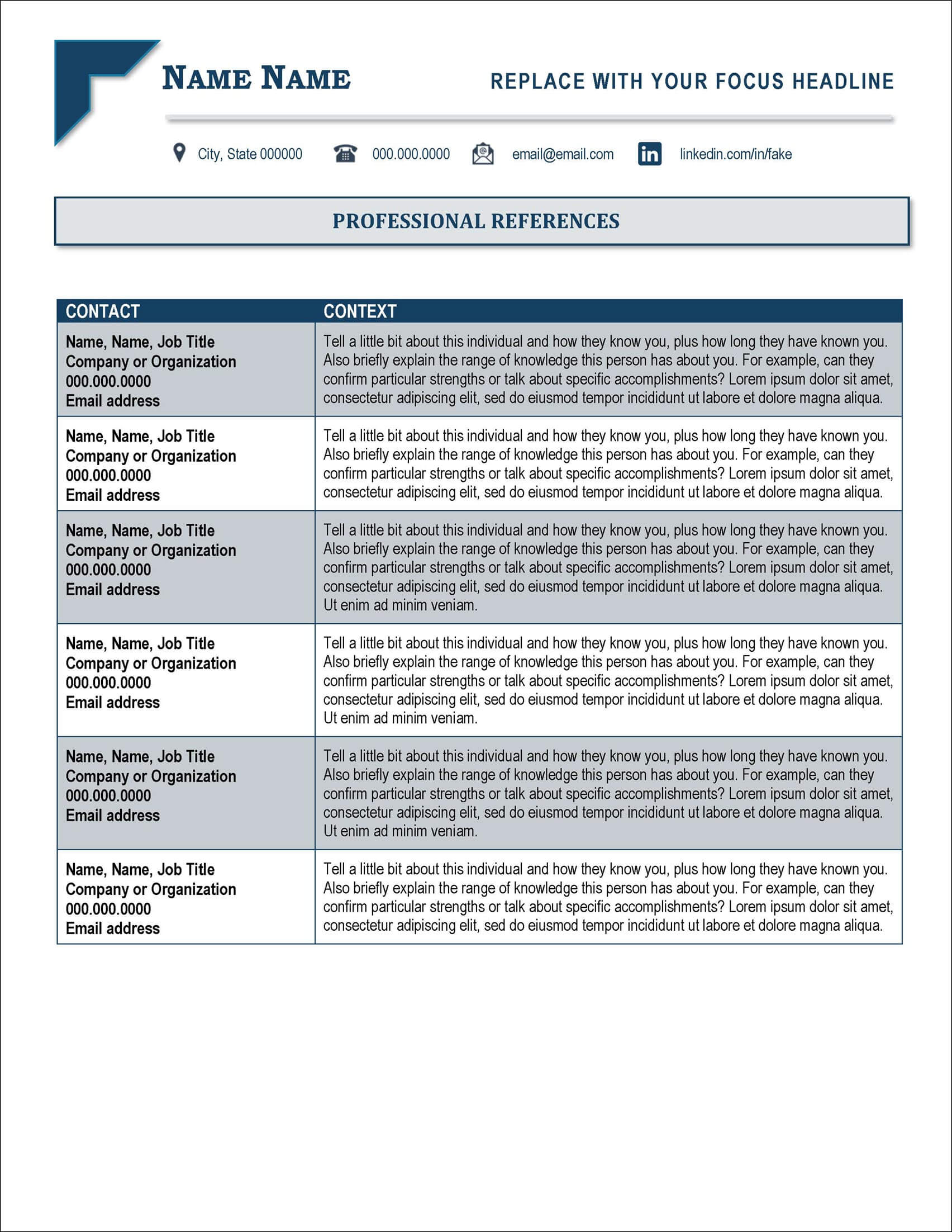 References Sheet Template for Board of Directors