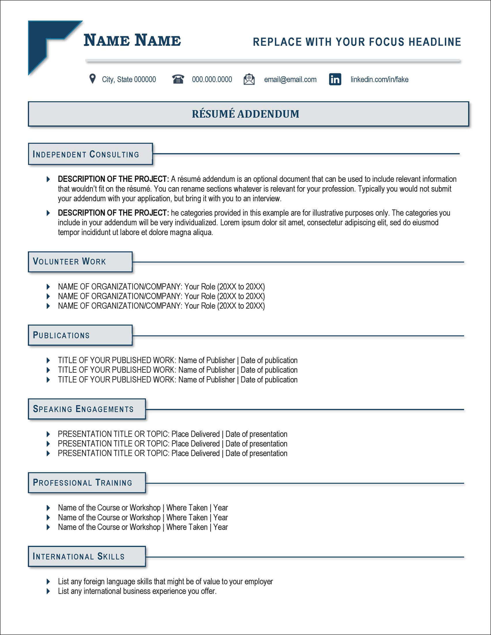 Resume Addendum Template for Board of Directors