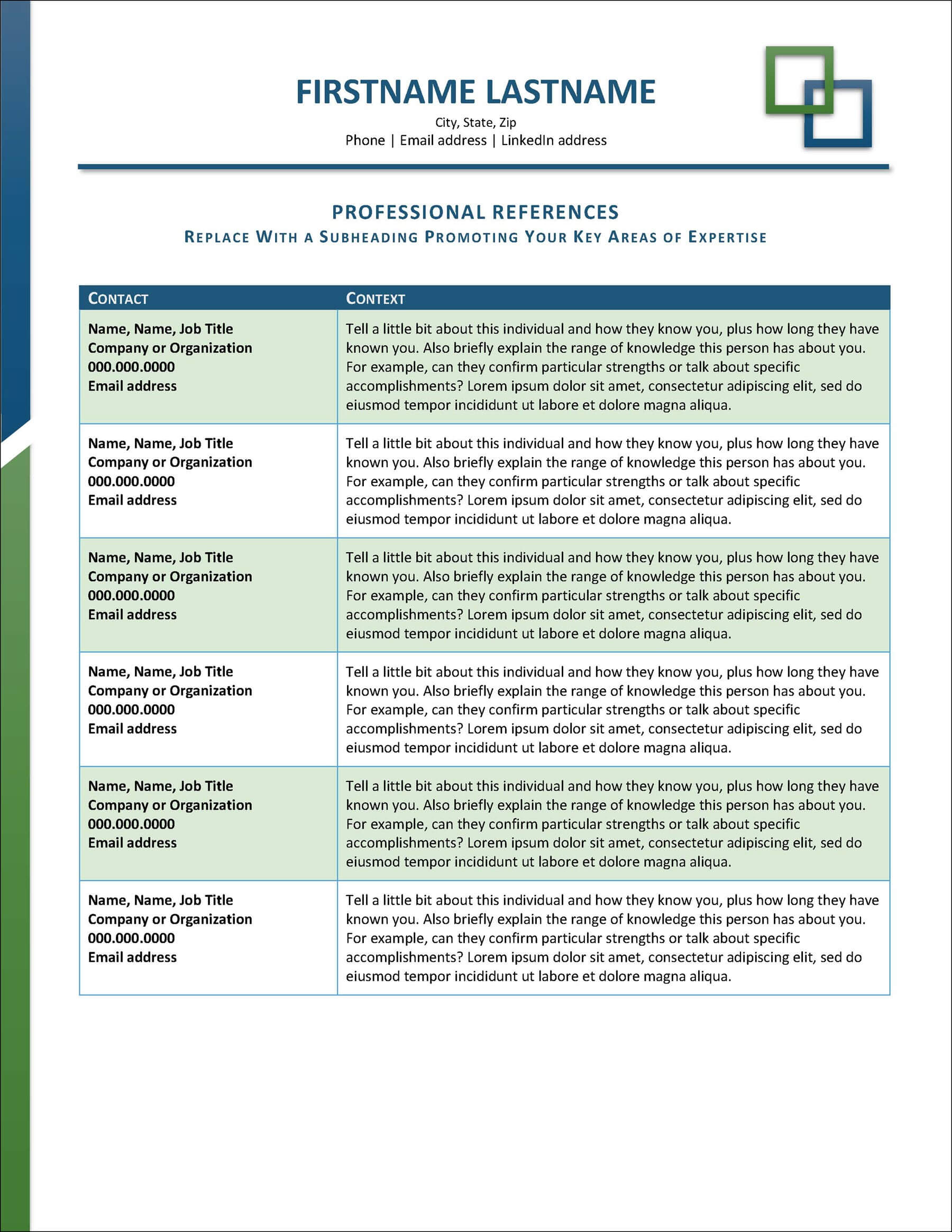 Professional References Sheet