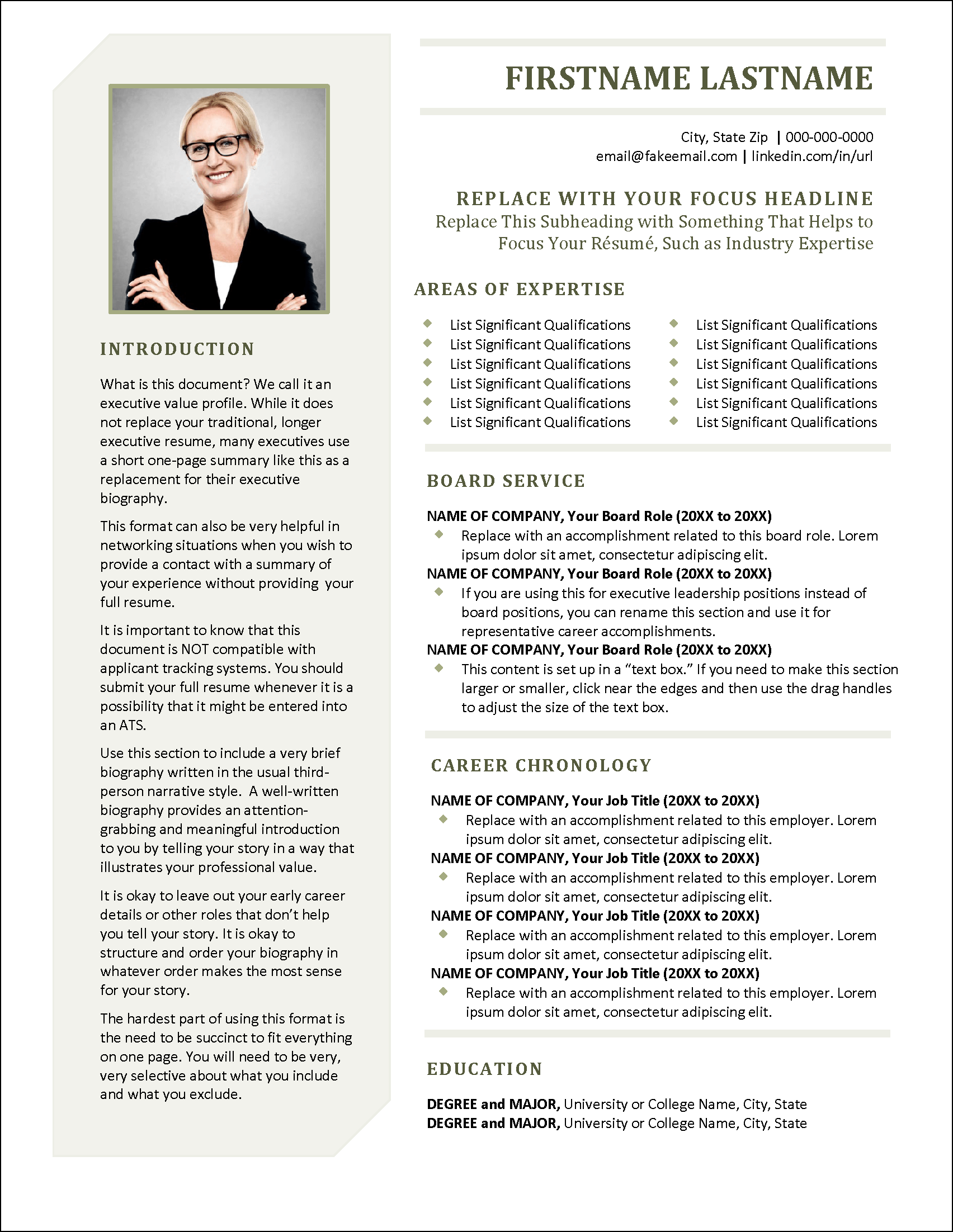 Elegant Executive Value Profile Template