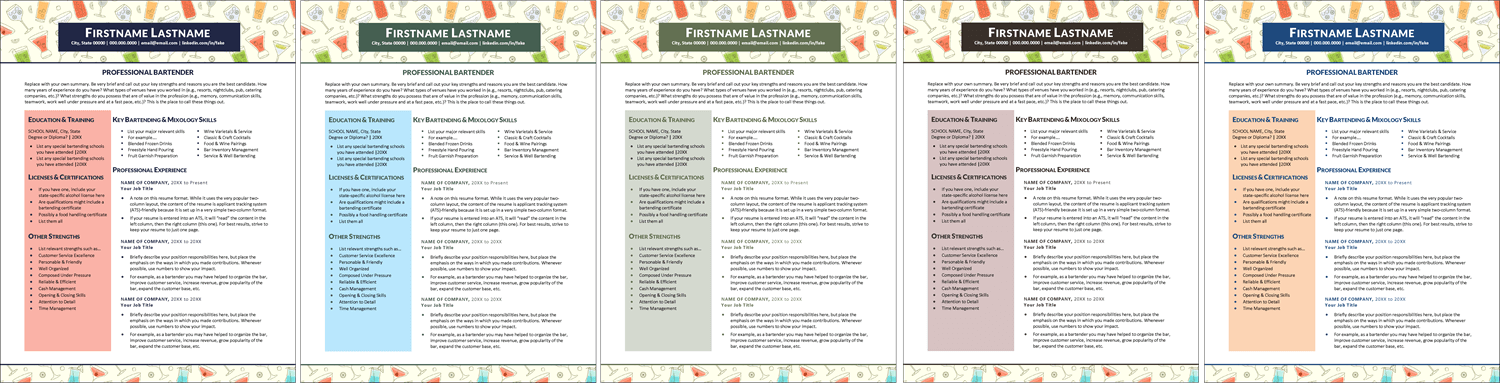 Bartender Resume Color Choices