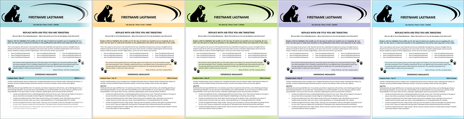 Animal Care Resume Color Options
