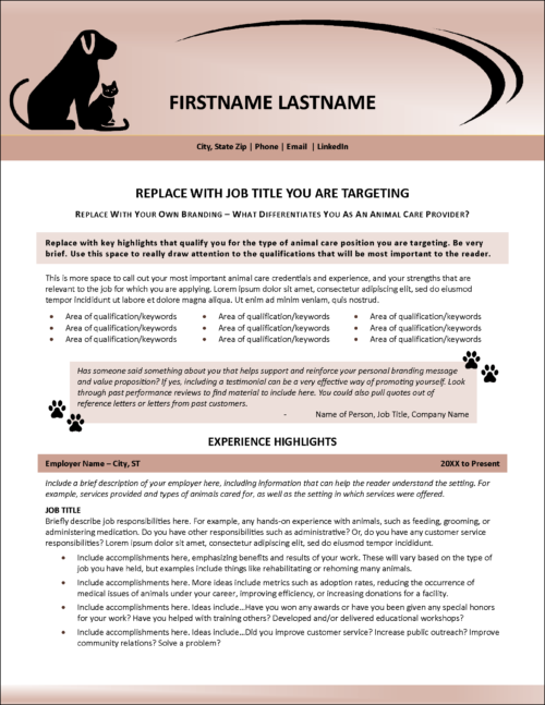 Animal Care Resume Page 1