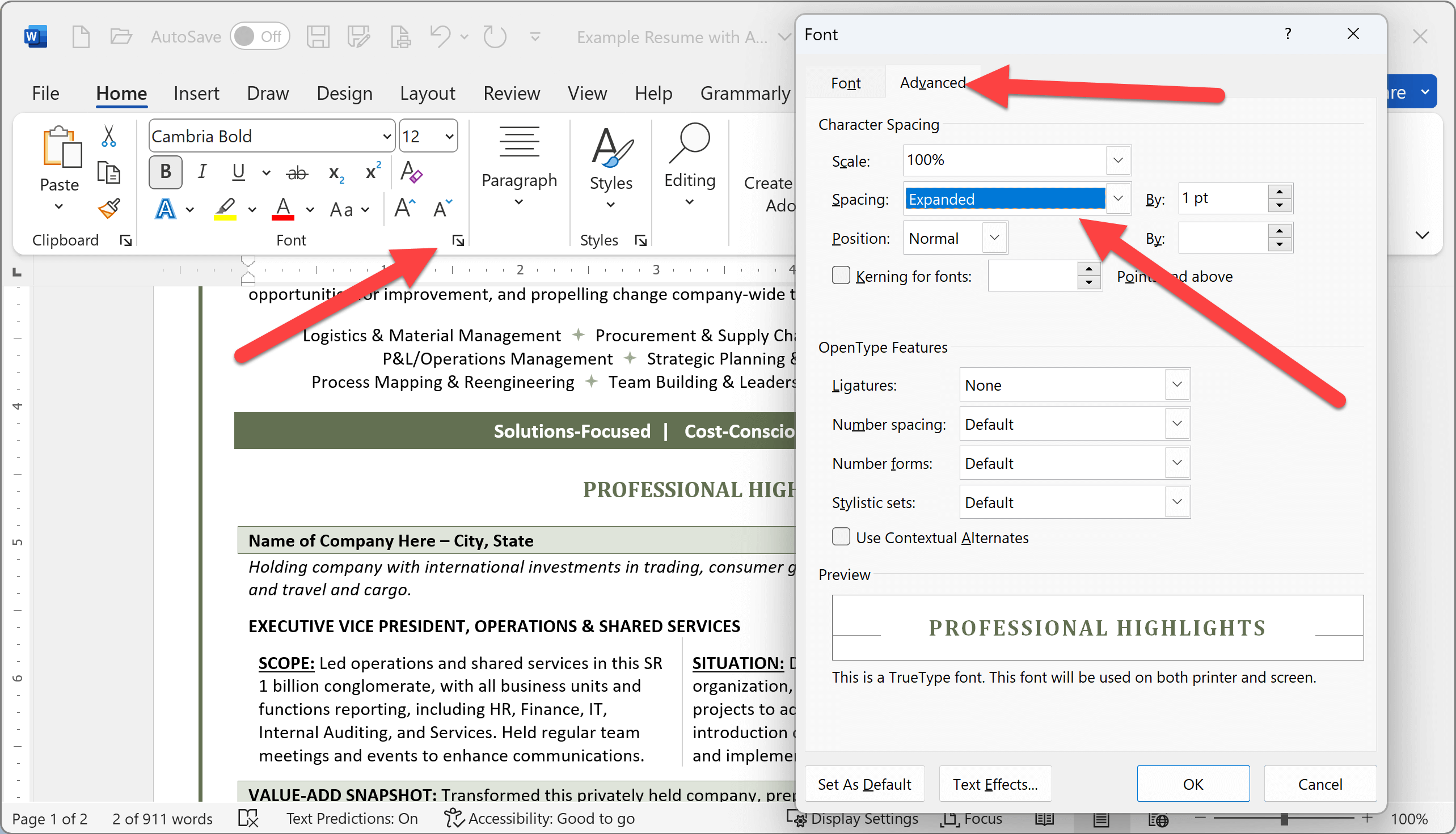 Turn on Character Spacing in Microsoft Word