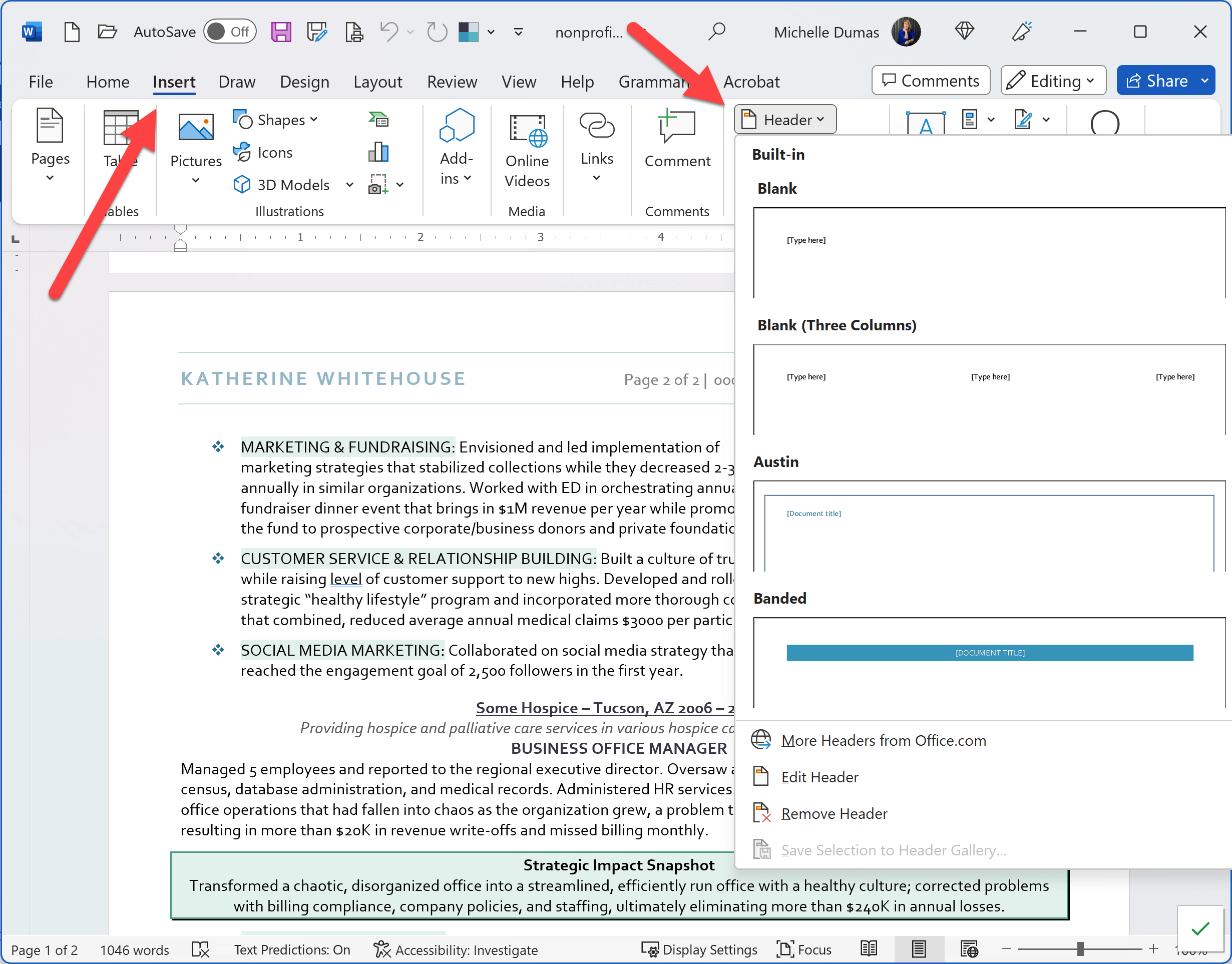 How to Insert resume headers and footers in Word resumes