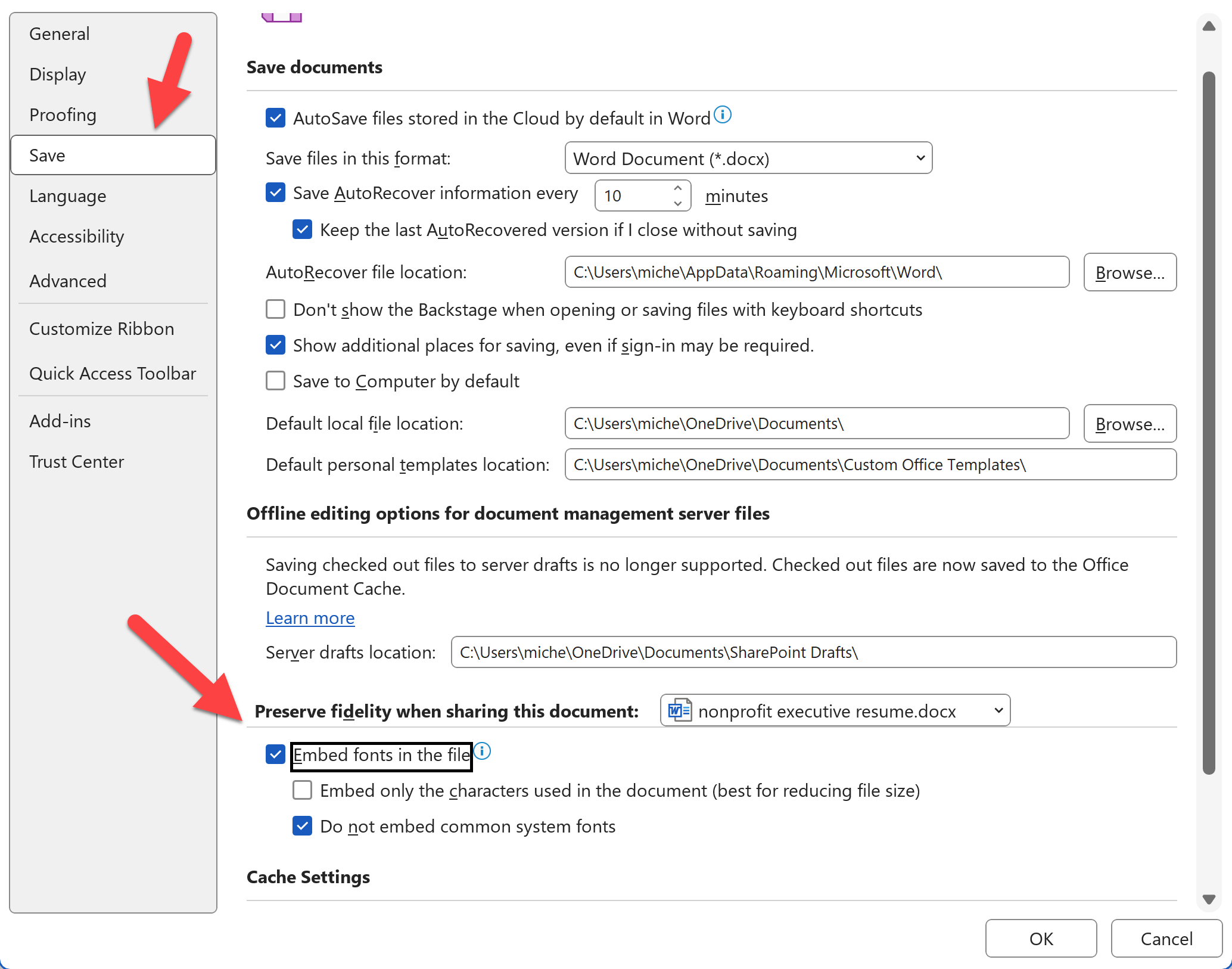 How to embed MS Word resume fonts