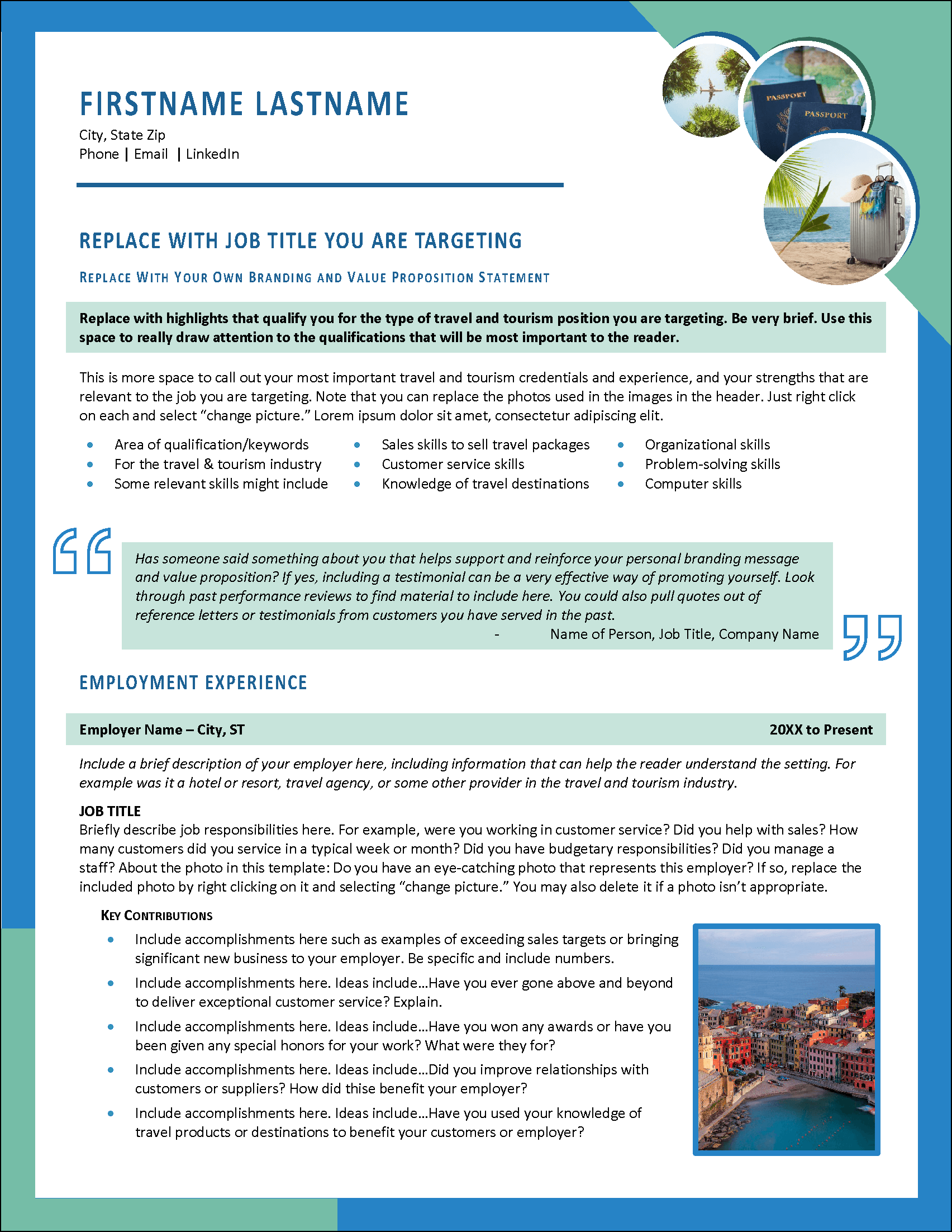 Tourism and Travel Resume Page 1