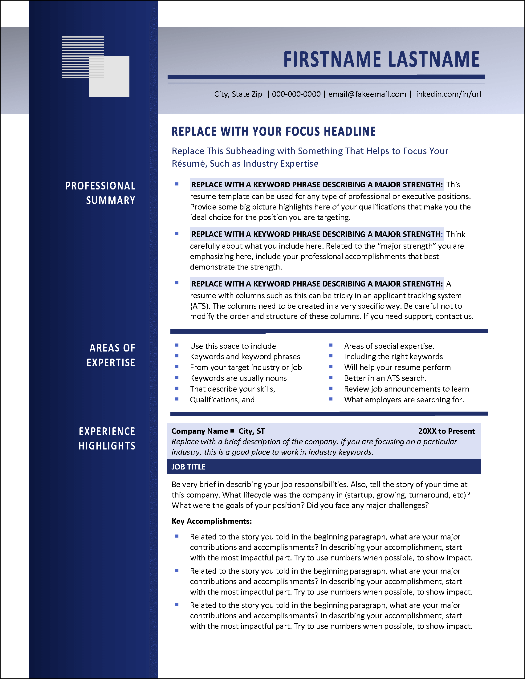 Resume Template for Professional Jobs Page 1