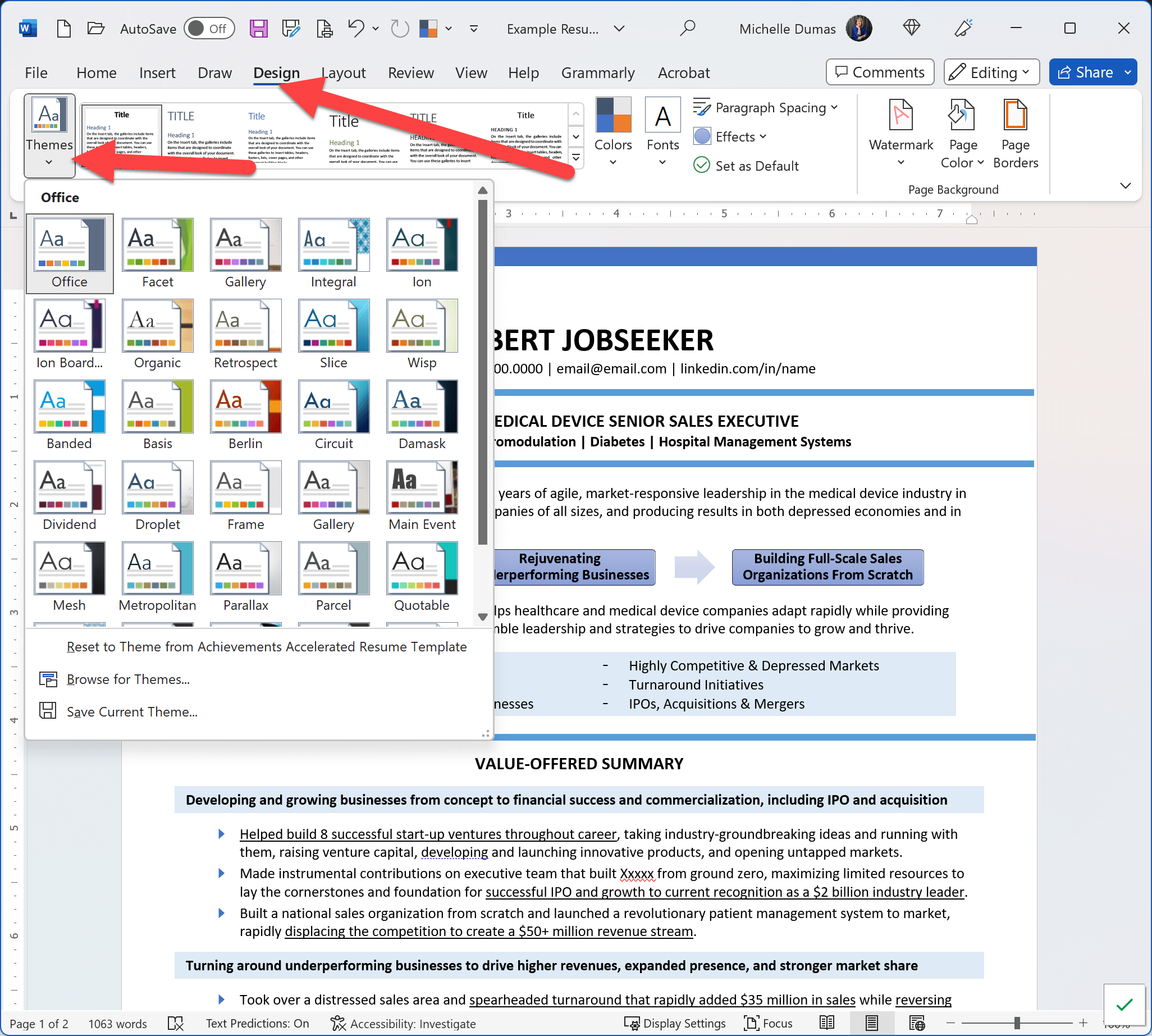 Using Themes for Resumes in Microsoft Word