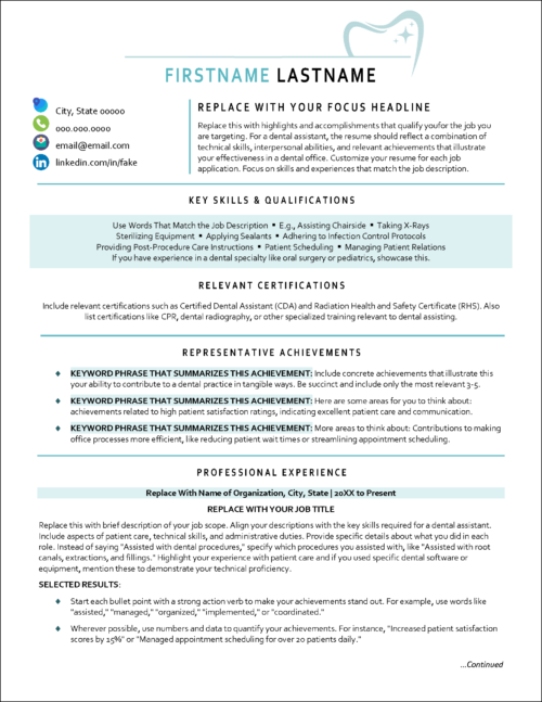 SmileWrite Dental Assistant Resume Page 1