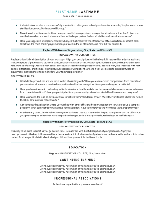 SmileWrite Dental Assistant Resume Page 2