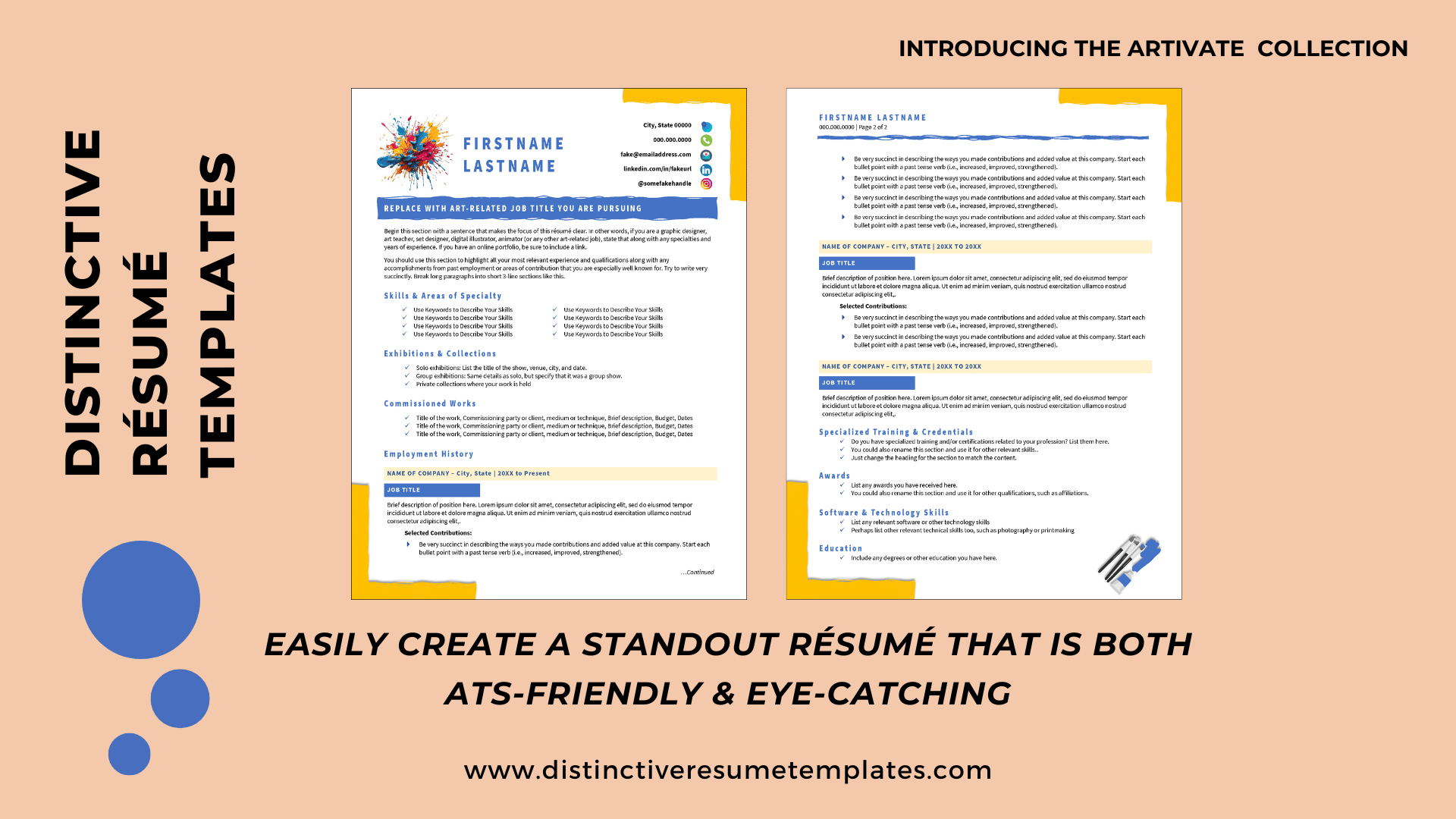 Artistic Resume for Creative Professionals Distinctive Templates