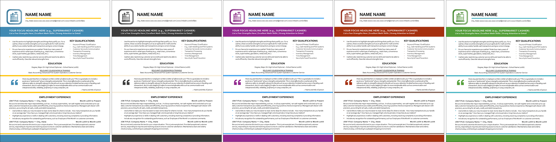 Cashier Resume Color Options