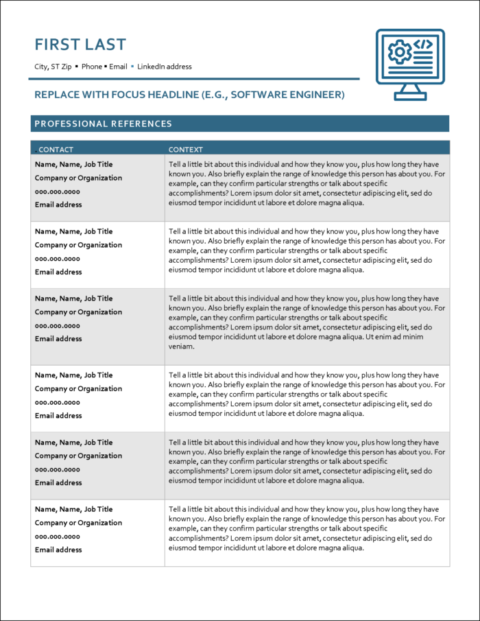 Software Engineer Professional References Template