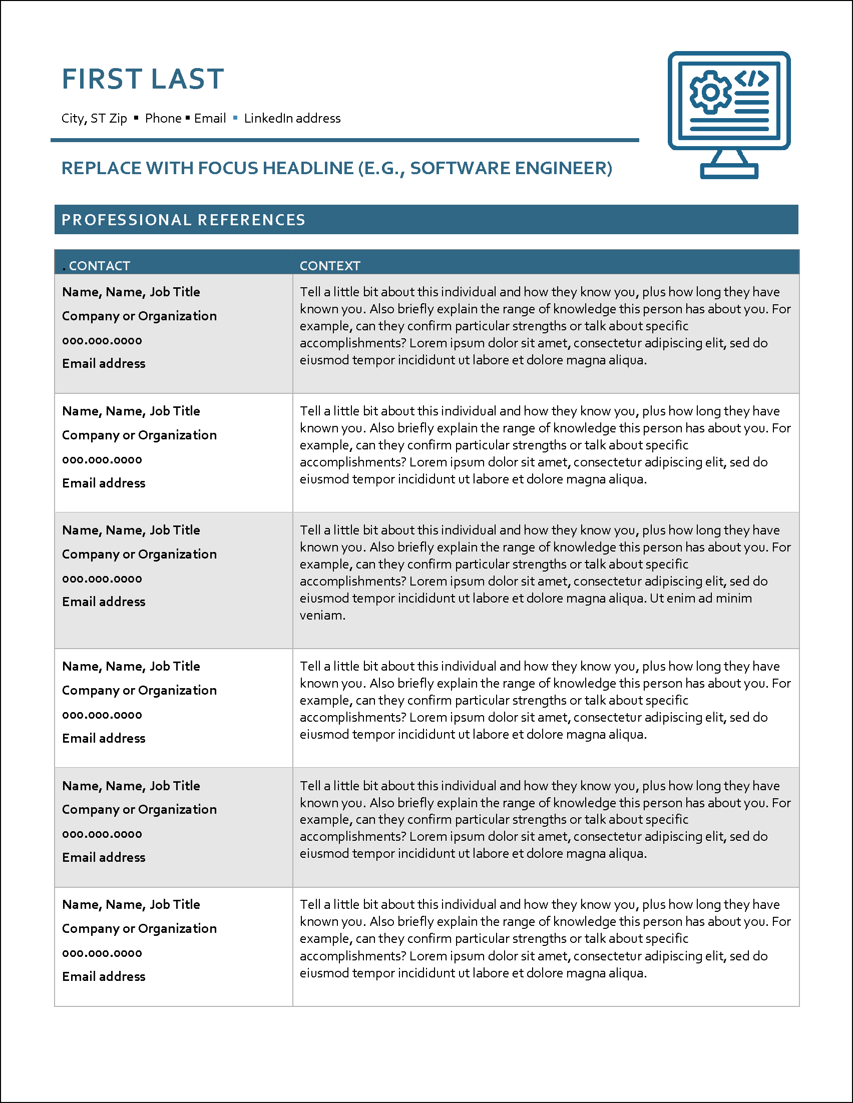 Software Engineer Professional References Template