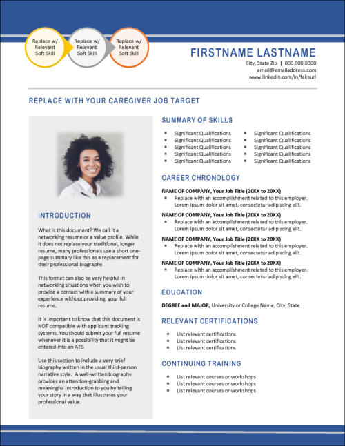 Caregiver Networking Resume Bio Template