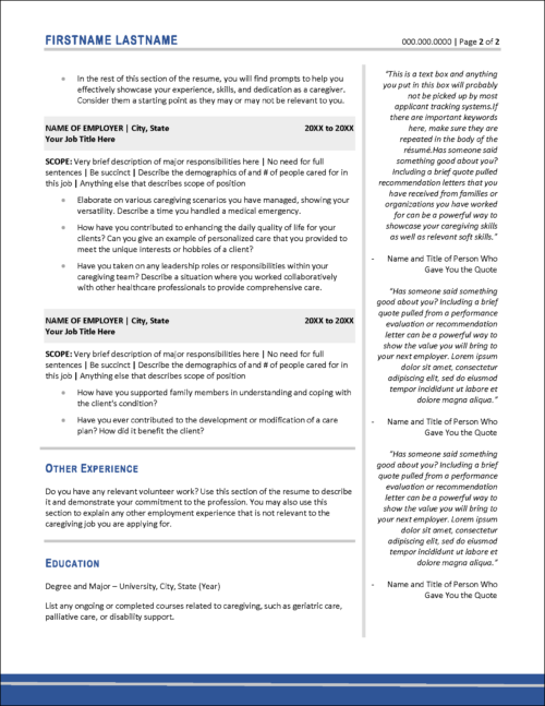 Caregiver Resume Page 2